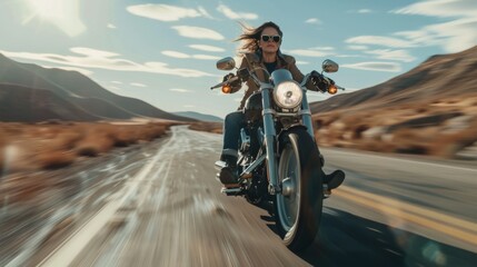 Woman Riding Motorcycle on Road - Powered by Adobe