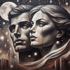 Epic, brutalist illustration of a man and woman looking to the side