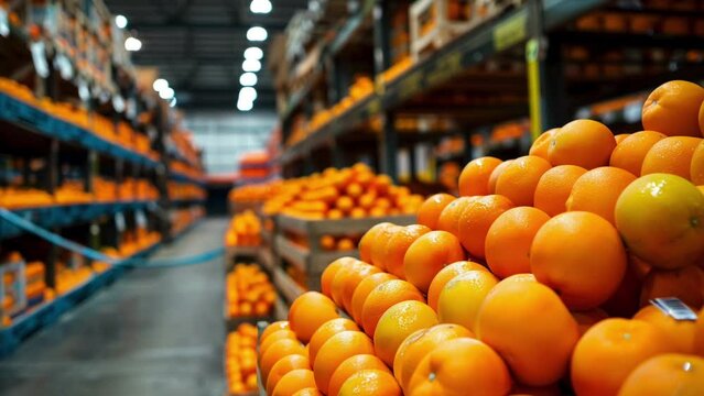 Ripe oranges in wooden boxes in warehouse storage. Fresh fruits sale. Parallax movement. Ingredient for cooking. Harvest. Fruits in supermarket