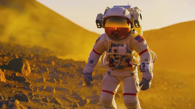 An astronaut of the future stands on an unknown alien planet. A man in a spacesuit on an alien planet similar to mars