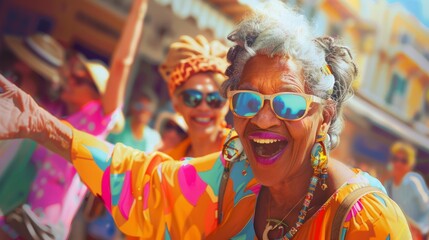 Generative AI illustration of excited African American senior woman in colorful clothes and sunglasses having fun with girlfriend during vacation hyper realistic 