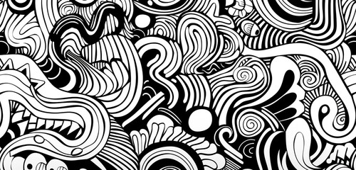 Black and white seamless background with continuous line doodle of sports scenes.