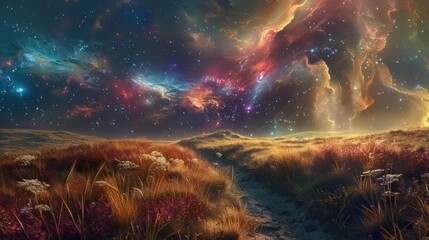 Entrance to an alternate universe with vibrant nebula-like smoke cascading onto the earth, under a starry sky amidst grassy hills at night

