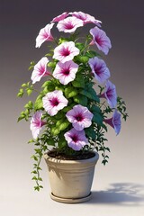 a potted petunia plant on a white surface, with its cascading blooms and lush green foliage