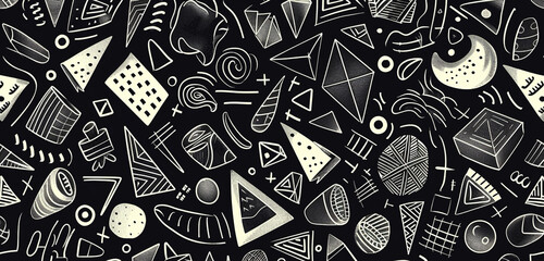 Seamless pattern with monochrome doodled geometric shapes.
