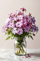 a bouquet of freshly picked phlox flowers in a glass vase, positioned on a white tabletop