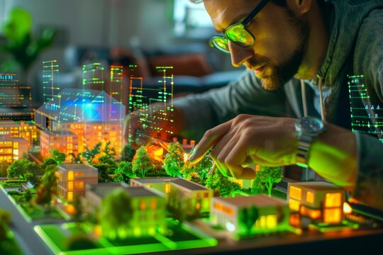 Architect Analyzing Holographic Model of Eco-Friendly Residential Area
