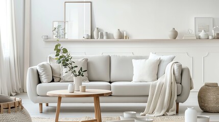 Fototapeta premium A Scandinavian living room with a light gray sofa, white walls, and a natural wood coffee table adorned with simple ceramics
