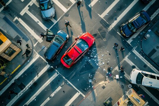 Urban Traffic Accident with Red Car and Blue SUV, Emergency Services Responding