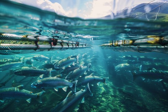 Sustainable Aquaculture: Modern Salmon Farming Underwater in Natural Water Body