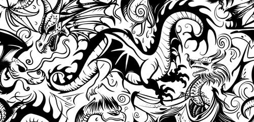 Black and white doodle featuring seamless dragons and mythical beasts.