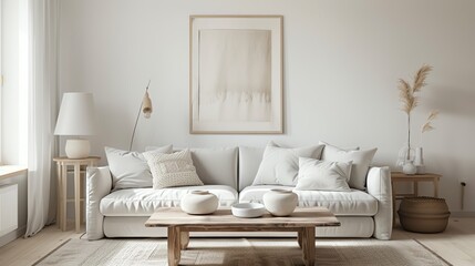 Fototapeta premium A Scandinavian living room with a light gray sofa, white walls, and a natural wood coffee table adorned with simple ceramics