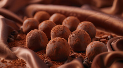 Fototapeta premium Chocolate truffles dusted with cocoa, arranged artistically on a velvet surface 