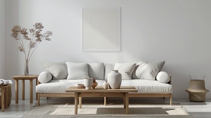 A Scandinavian living room with a light gray sofa, white walls, and a natural wood coffee table adorned with simple ceramics