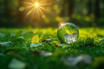Featuring a earth glass with leaves in the green meadow, high quality, high resolution