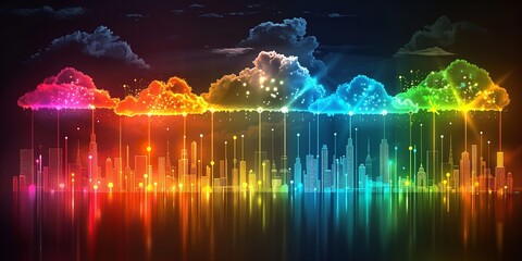 A background of vibrant rainbow colors with fluffy white clouds in the sky