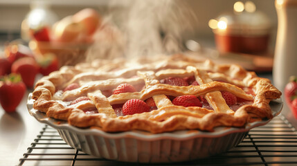 Finished strawberry pie on a cooling rack, steam rising, homey kitchen background 