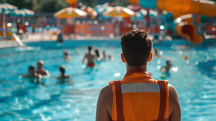 Lifeguard watching over a busy waterpark pool, focused and professional 