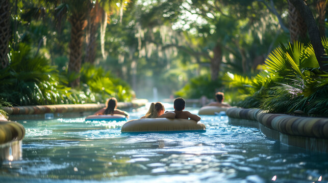 Family enjoying a lazy river ride, lush greenery on the sides, sunny ambiance 