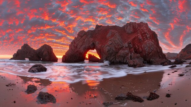 Golden hour glow casting warm light on rocky coastal cave entrance at stunning sunset - Powered by Adobe