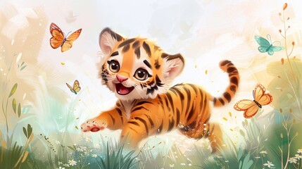 A cartoon tiger is running through a field with butterflies