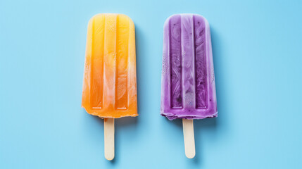 Twin popsicles, orange and purple, isolated on a gradient blue background, summer vibe 