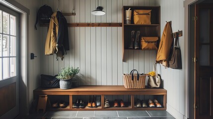 A Scandinavian mudroom with builtin wooden benches, open cubbies for shoes, and simple hooks for outerwear