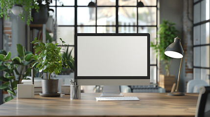 'Website mockup on a computer screen, modern office background with desk accessories' 