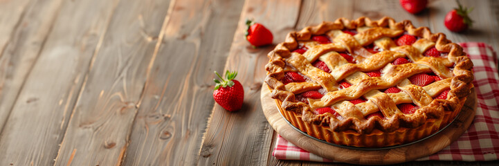 Vintage style image of a freshly baked strawberry pie on a gingham cloth, nostalgic  - Powered by Adobe