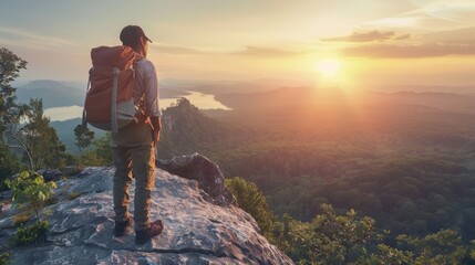 Hiker overlooking sunset from cliff, backpack visible, realistic capture, portrait orientation, serene atmosphere