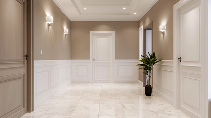 Fototapeta premium A large, empty hallway with white walls and white doors. The hallway is lit by overhead lights