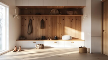 A Scandinavian mudroom with builtin wooden benches, open cubbies for shoes, and simple hooks for outerwear