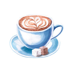 Cappuccino in a ceramic mug on a saucer with pieces of sugar in a watercolor illustration on a white background. Hand drawn coffee illustration for coffee shop, menu, cookbooks, coffee brand logo.