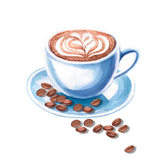 Cappuccino in a ceramic mug on a saucer with coffee beans in a watercolor illustration on a white background. Hand drawn drink illustration for cafe, menu, cookbooks, coffee brand logo.