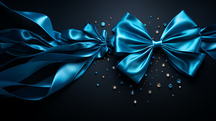Shiny blue color satin ribbon on black background. Christmas gift, valentines day, birthday wrapping element