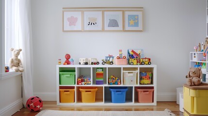 A Scandinavian playroom with light wood floors, white walls, and colorful storage bins for toys and books