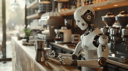 Robot barista in the local cafe, generative ai. hyper realistic 