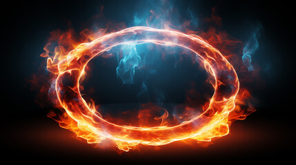 Obraz premium Neon laser vibrant circle with sparks, haze, and laser grid on starry space background. Red vivid round shape.