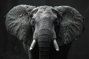 African elephant on black background, close-up portrait of a wild animal