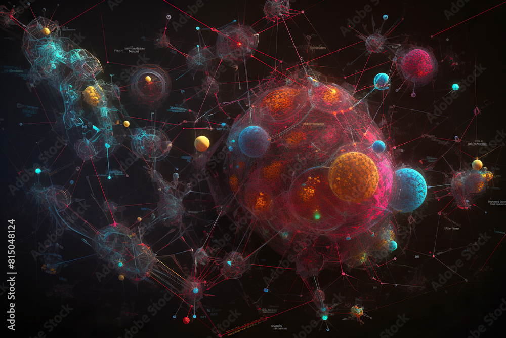 Poster abstract scientific concept with connected cells and particles. science microscopic background.