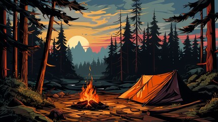 Rugged outdoor survival scene with a shelter made from natural materials, fire starting techniques in a forest setting