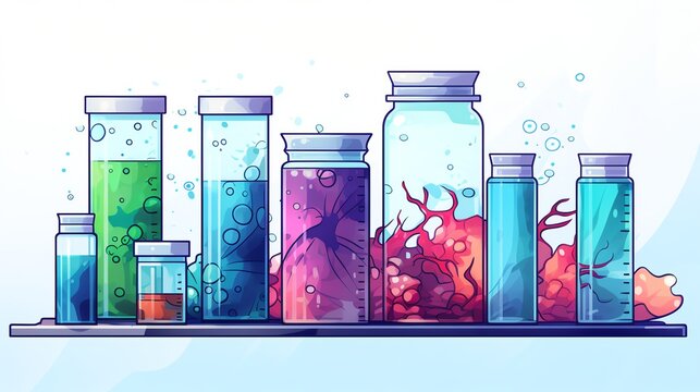 Variety of laboratory glassware, including beakers, test tubes, and flasks, are filled with colorful liquids and strange and wonderful objects.