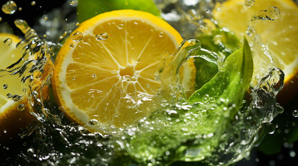 Art citrus photo of lemon, orange and lime in the juice splash. Fresh citrus