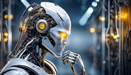 Fototapeta premium Half portrait of a pensive white humanoid robot