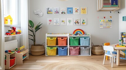 A Scandinavian playroom with light wood floors, white walls, and colorful storage bins for toys and books