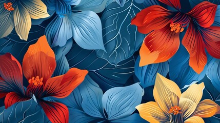 Abstract colorful floral on blue background pattern 