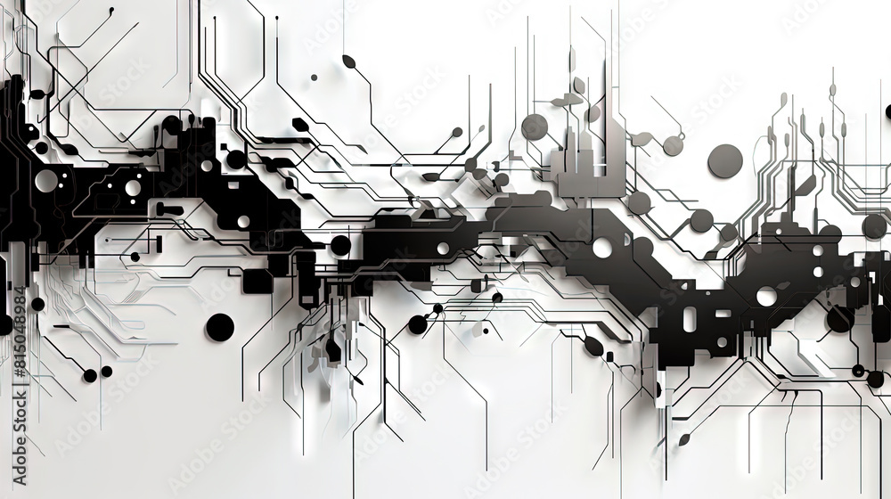Poster abstract circuit board concept with black track lines on white background.