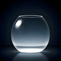Empty transparent glass container with reflection, illuminated by light and on a dark background.