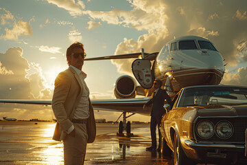 PA business man in front of airplane and his car. Created with Ai