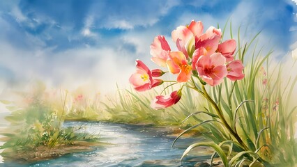 watercolor painting dreamy blue sky with soft wispy clouds.  flower full bloom petals vibrant colorwatercolor painting dreamy blue sky with soft wispy clouds.  flower full bloom petals vibrant color